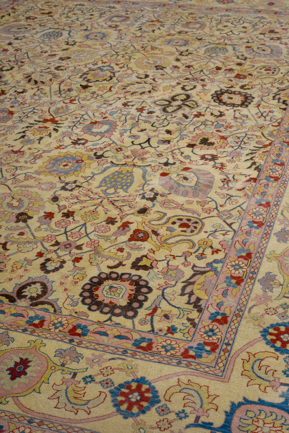 10' x 14' one-of-a-kind handmade vintage Afghan large size rug. Color palette: ivory, rose, sky blue, gold, rust, sage