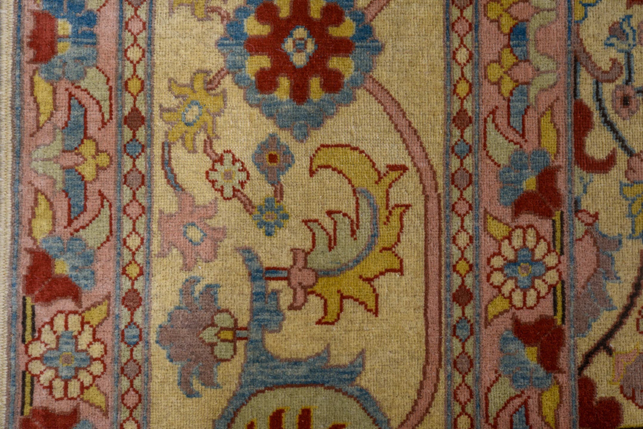 10' x 14' one-of-a-kind handmade vintage Afghan large size rug. Color palette: ivory, rose, sky blue, gold, rust, sage