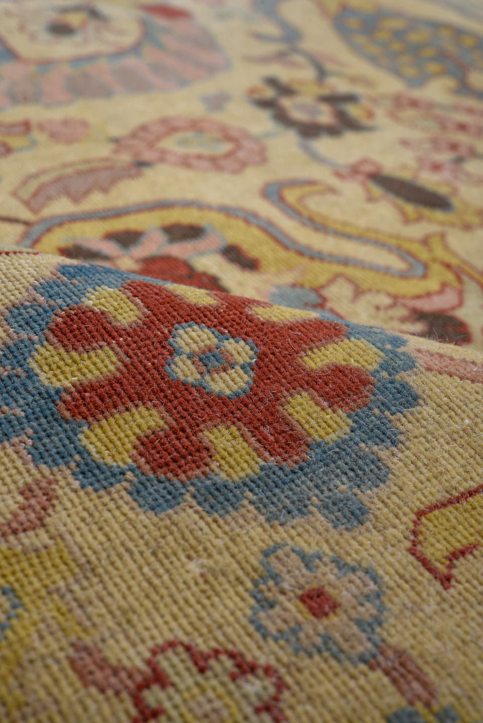 10' x 14' one-of-a-kind handmade vintage Afghan large size rug. Color palette: ivory, rose, sky blue, gold, rust, sage