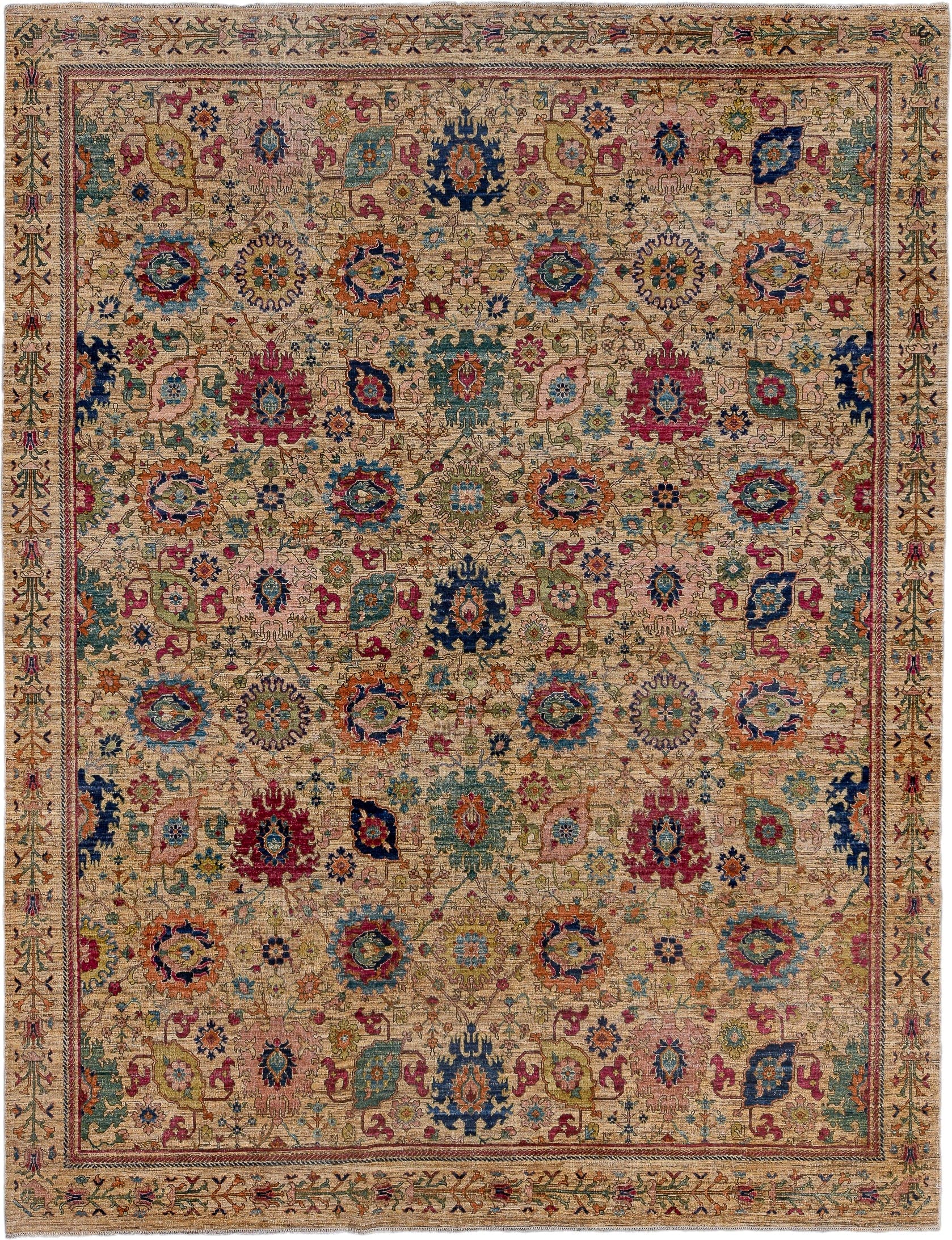 9' x 12' one-of-a-kind handmade vintage Afghan large size rug. Color palette: beige, navy, rose, teal, rust, gold, ivory