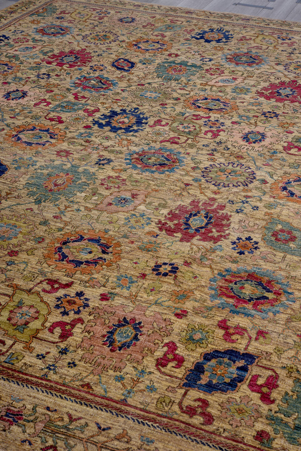 9' x 12' one-of-a-kind handmade vintage Afghan large size rug. Color palette: beige, navy, rose, teal, rust, gold, ivory