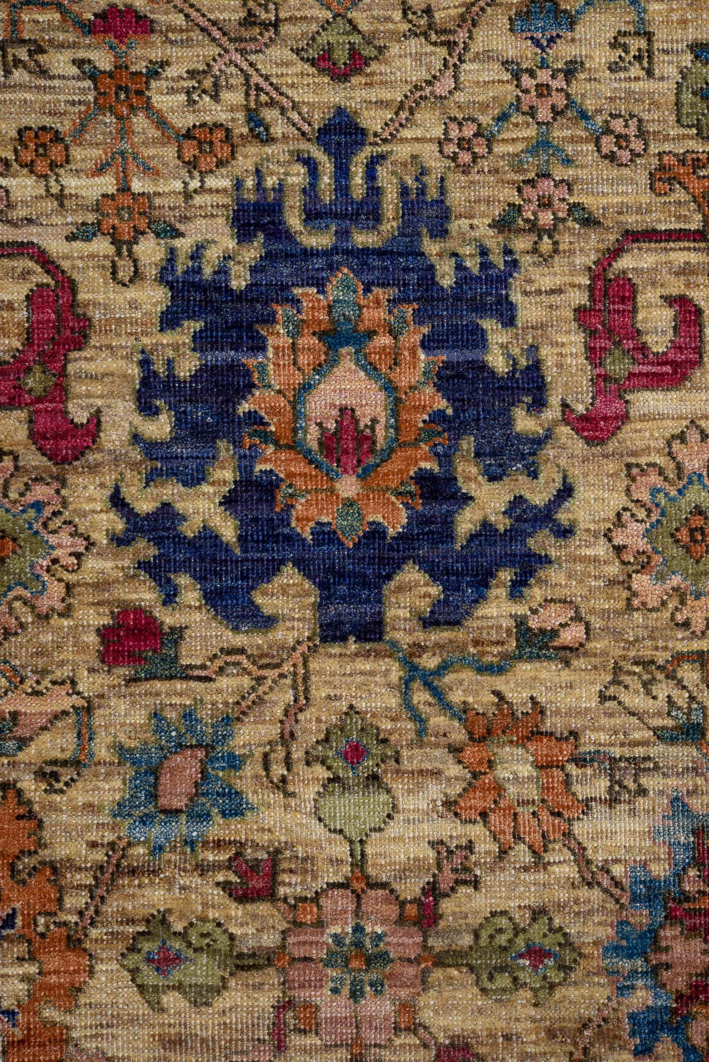 9' x 12' one-of-a-kind handmade vintage Afghan large size rug. Color palette: beige, navy, rose, teal, rust, gold, ivory