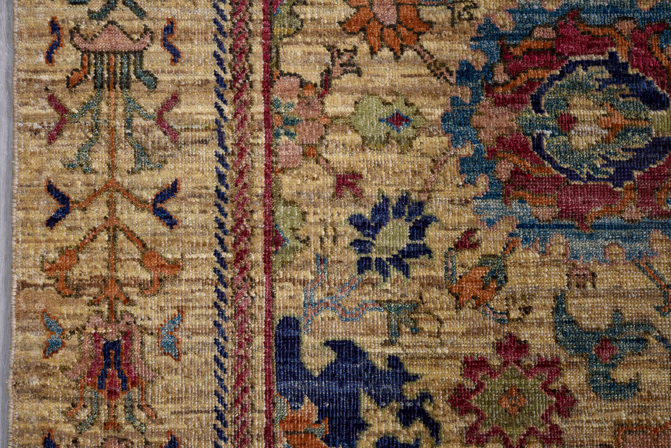 9' x 12' one-of-a-kind handmade vintage Afghan large size rug. Color palette: beige, navy, rose, teal, rust, gold, ivory