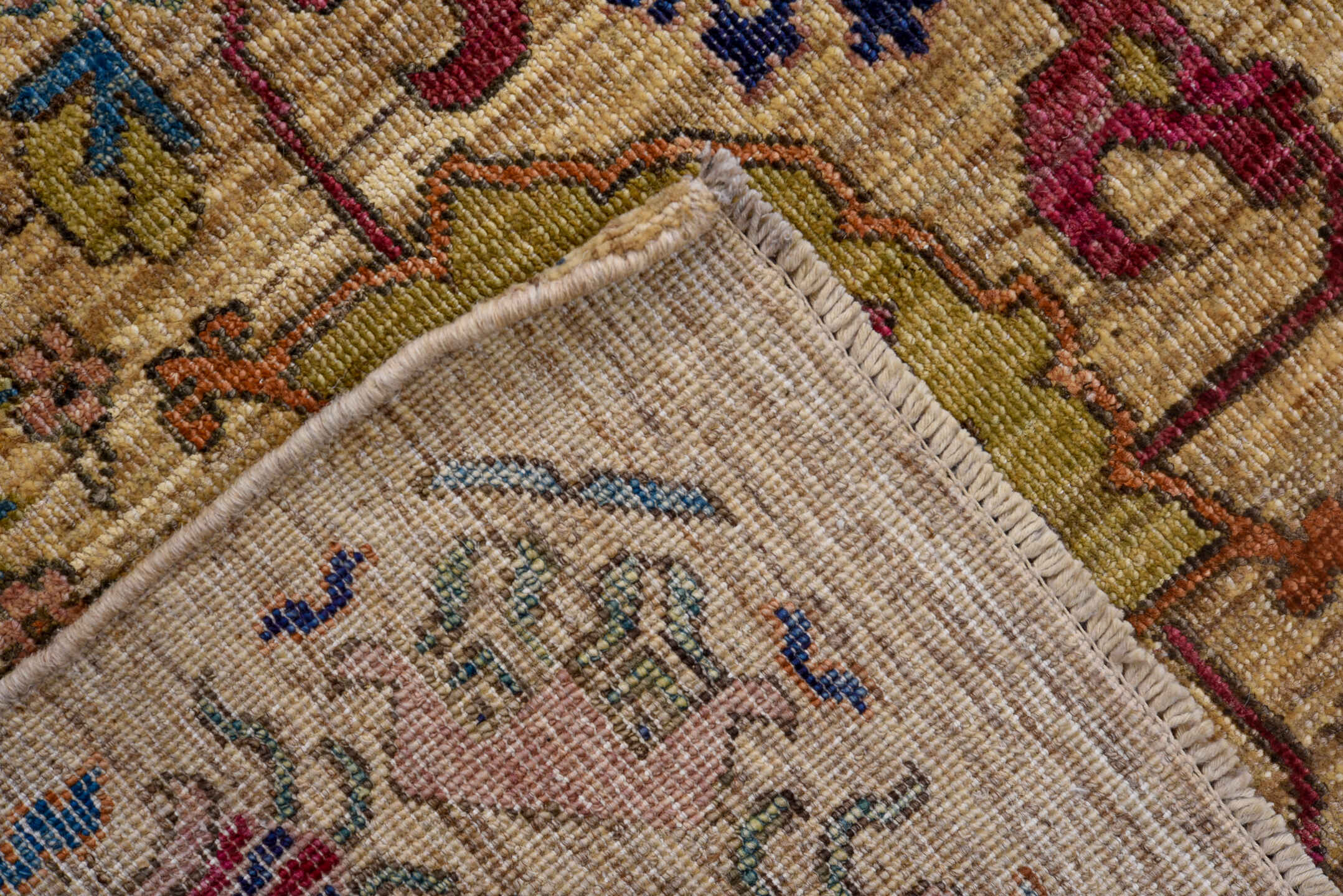 9' x 12' one-of-a-kind handmade vintage Afghan large size rug. Color palette: beige, navy, rose, teal, rust, gold, ivory