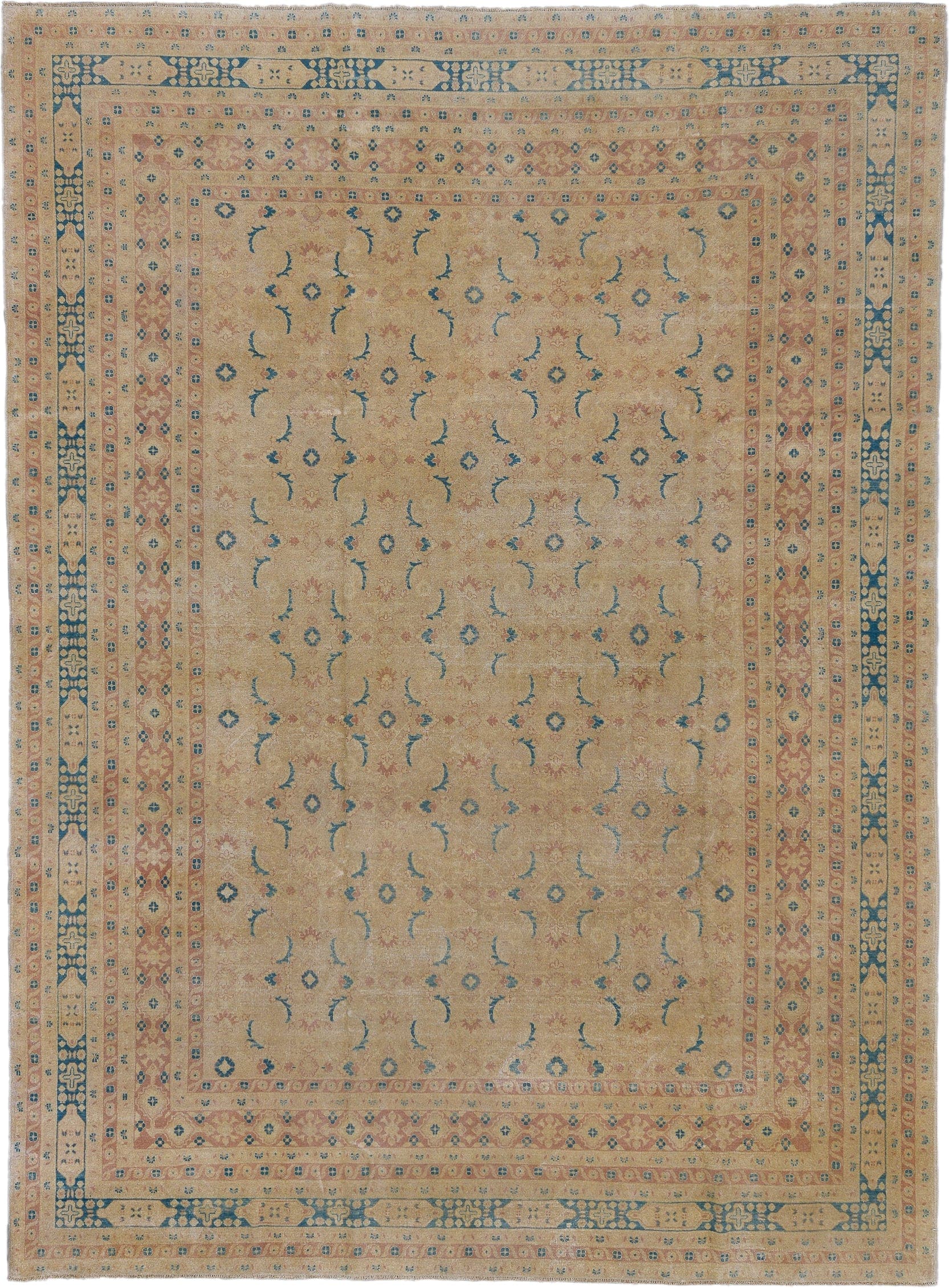 8' x 12' one-of-a-kind handmade vintage Afghan large size rug. Color palette: beige, sand, sky blue, blush, ivory, taupe