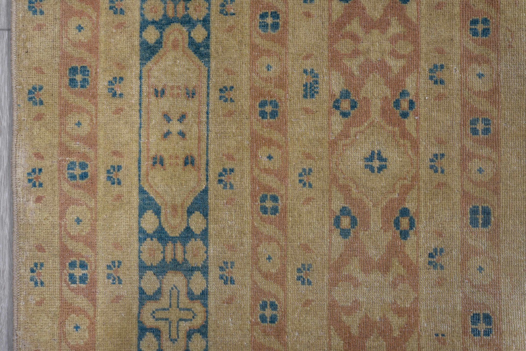 8' x 12' one-of-a-kind handmade vintage Afghan large size rug. Color palette: beige, sand, sky blue, blush, ivory, taupe
