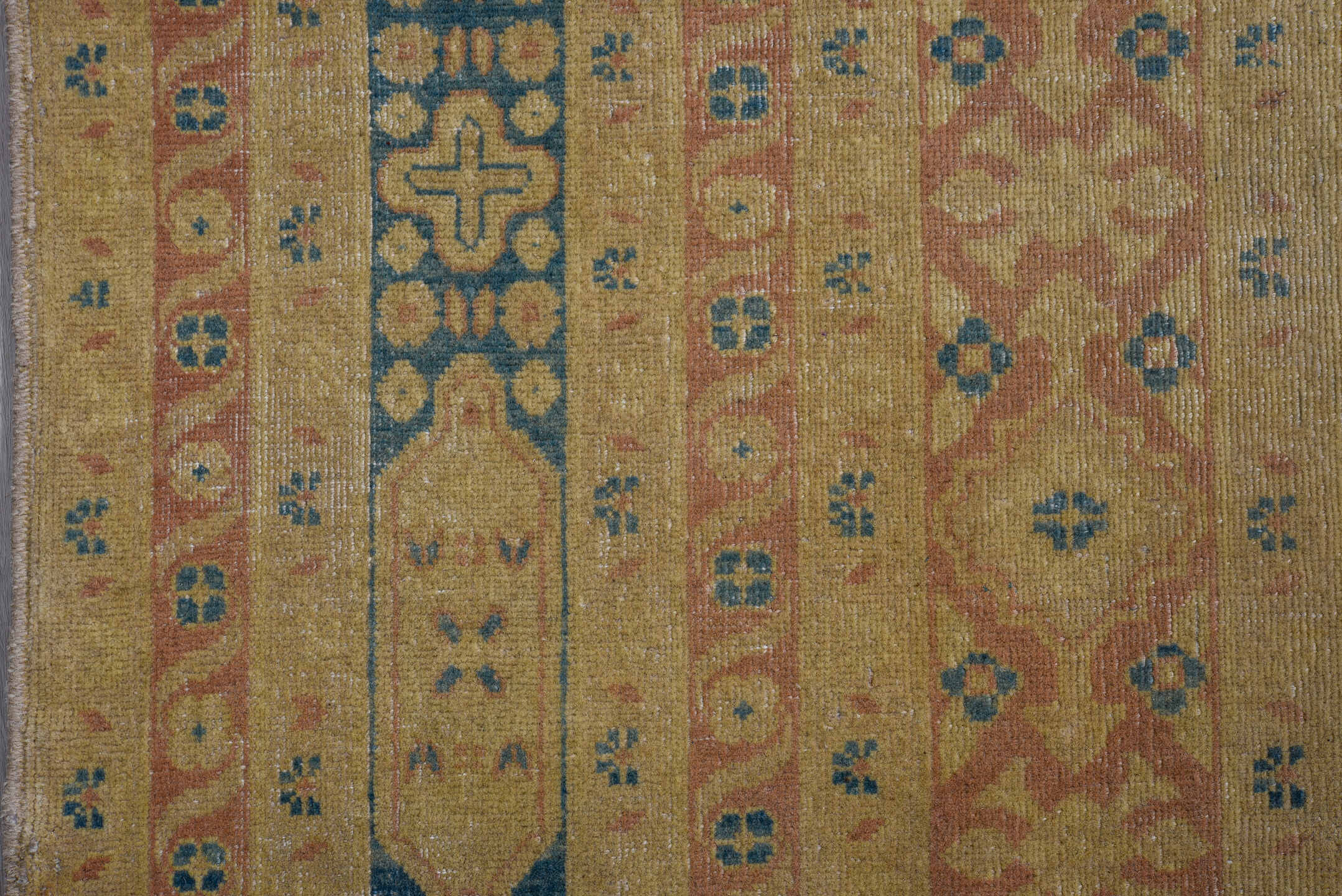 8' x 11' one-of-a-kind handmade vintage Afghan large size rug. Color palette: camel, sand, ivory, dusty blue, taupe