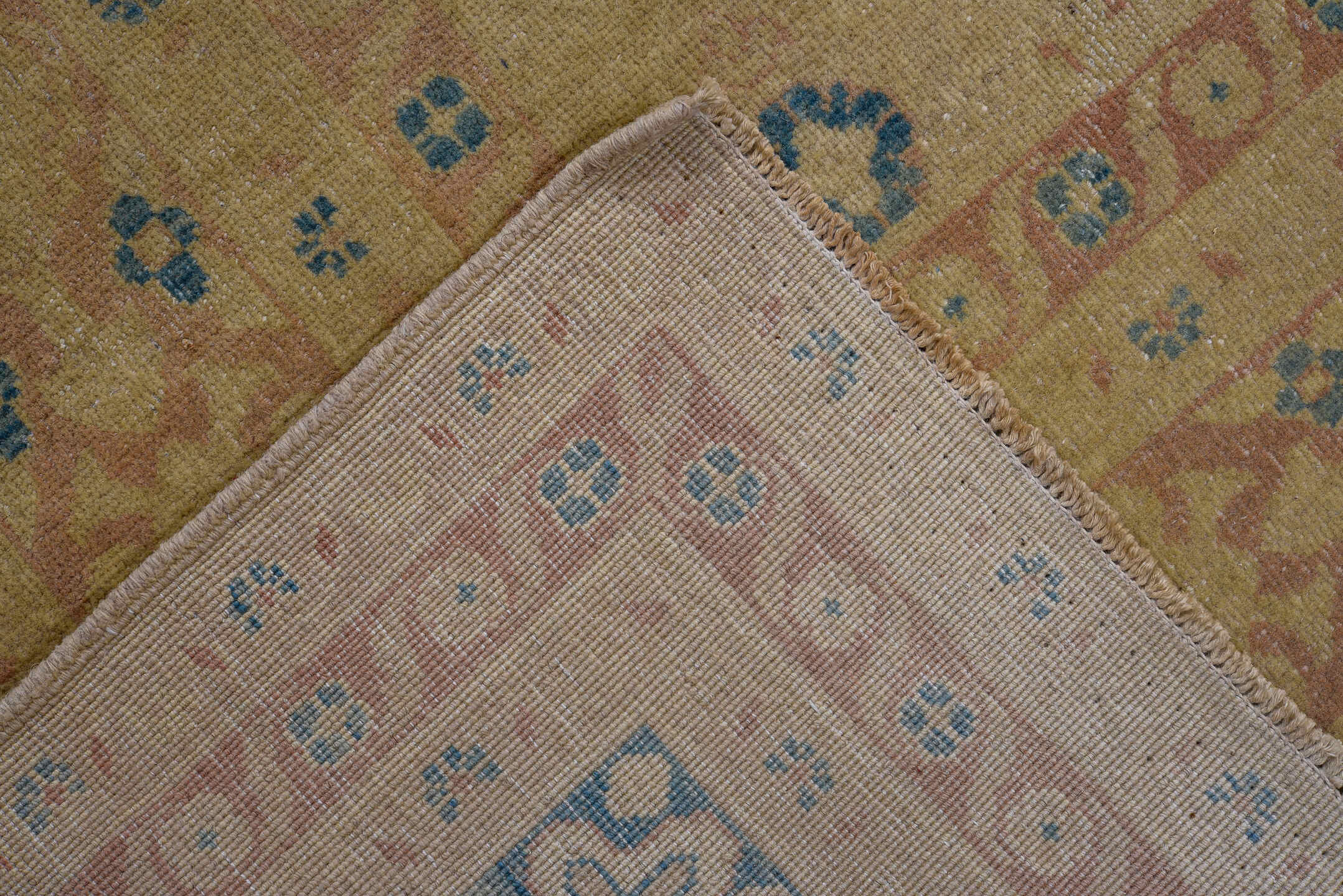 8' x 11' one-of-a-kind handmade vintage Afghan large size rug. Color palette: camel, sand, ivory, dusty blue, taupe
