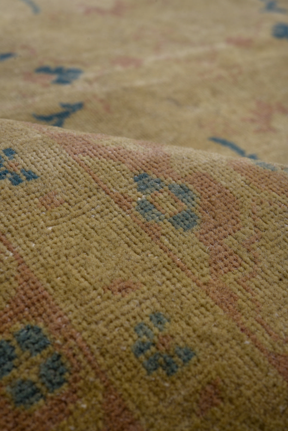 8' x 11' one-of-a-kind handmade vintage Afghan large size rug. Color palette: camel, sand, ivory, dusty blue, taupe