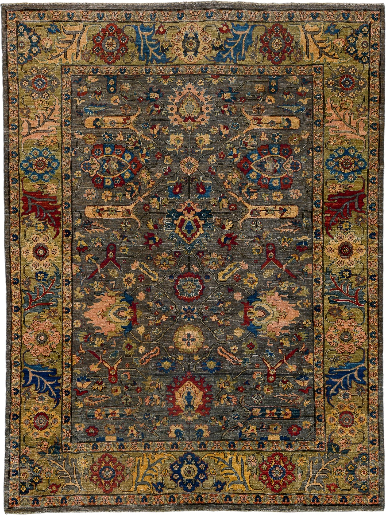 8' x 11' one-of-a-kind handmade vintage Afghan large size rug. Color palette: gray, olive, gold, indigo, rust, ivory, blush