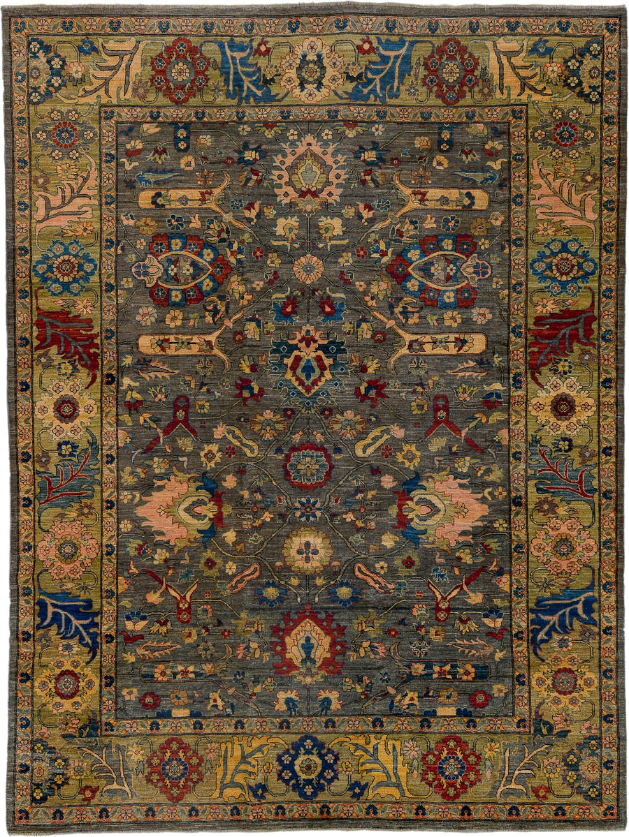 8' x 11' one-of-a-kind handmade vintage Afghan large size rug. Color palette: gray, olive, gold, indigo, rust, ivory, blush