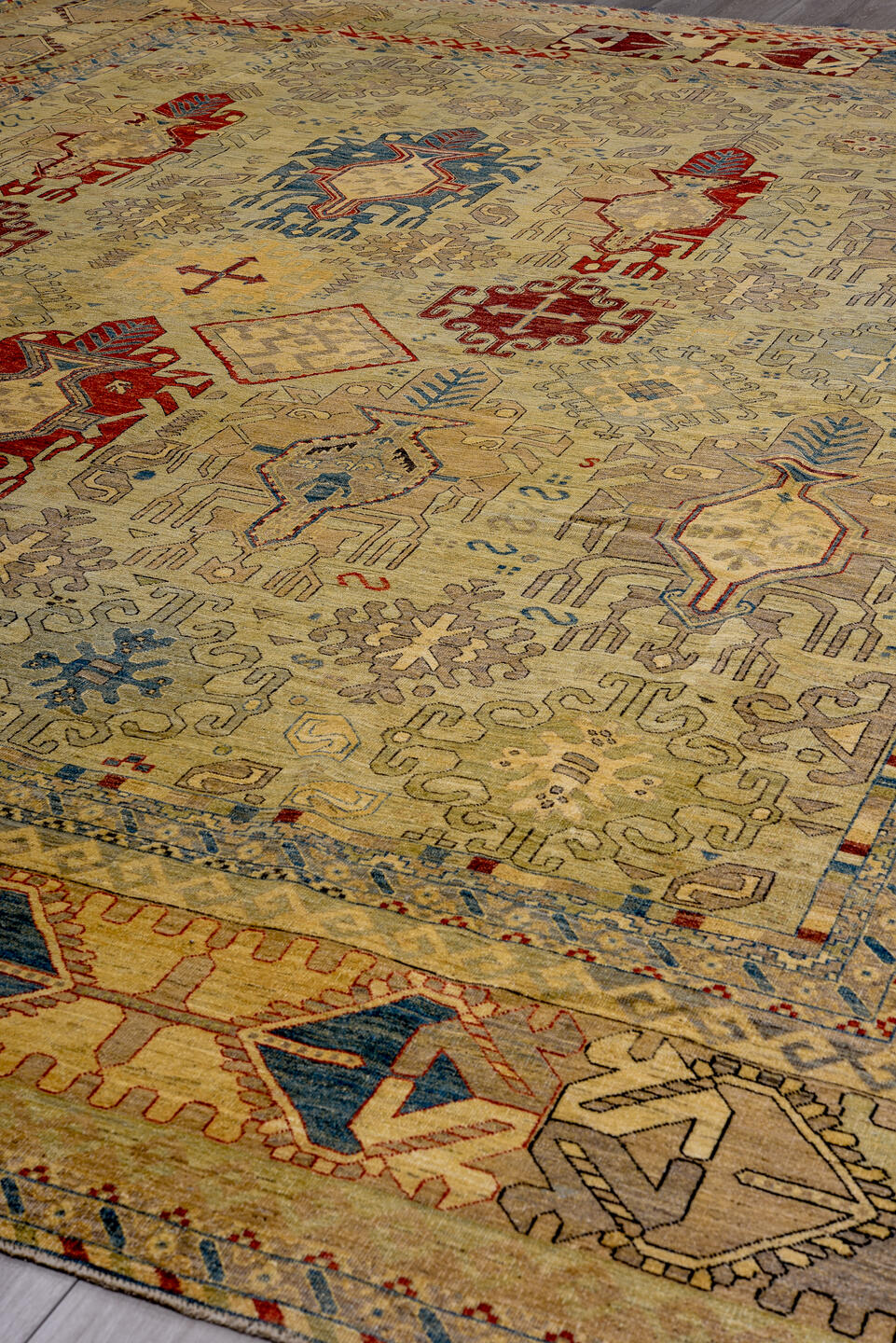 13' x 16' one-of-a-kind handmade vintage Afghan oversize rug. Color palette: ivory, taupe, camel, slate, rust, blue, sand