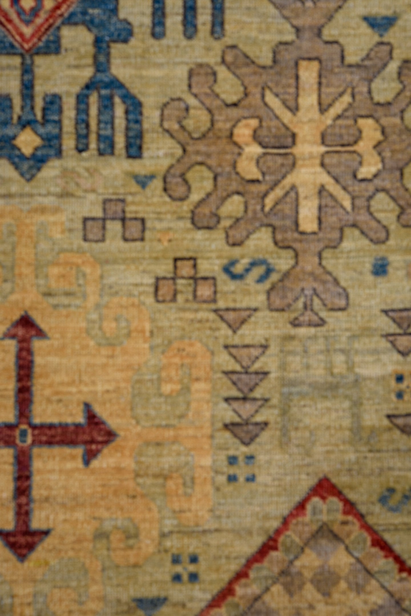 13' x 16' one-of-a-kind handmade vintage Afghan oversize rug. Color palette: ivory, taupe, camel, slate, rust, blue, sand