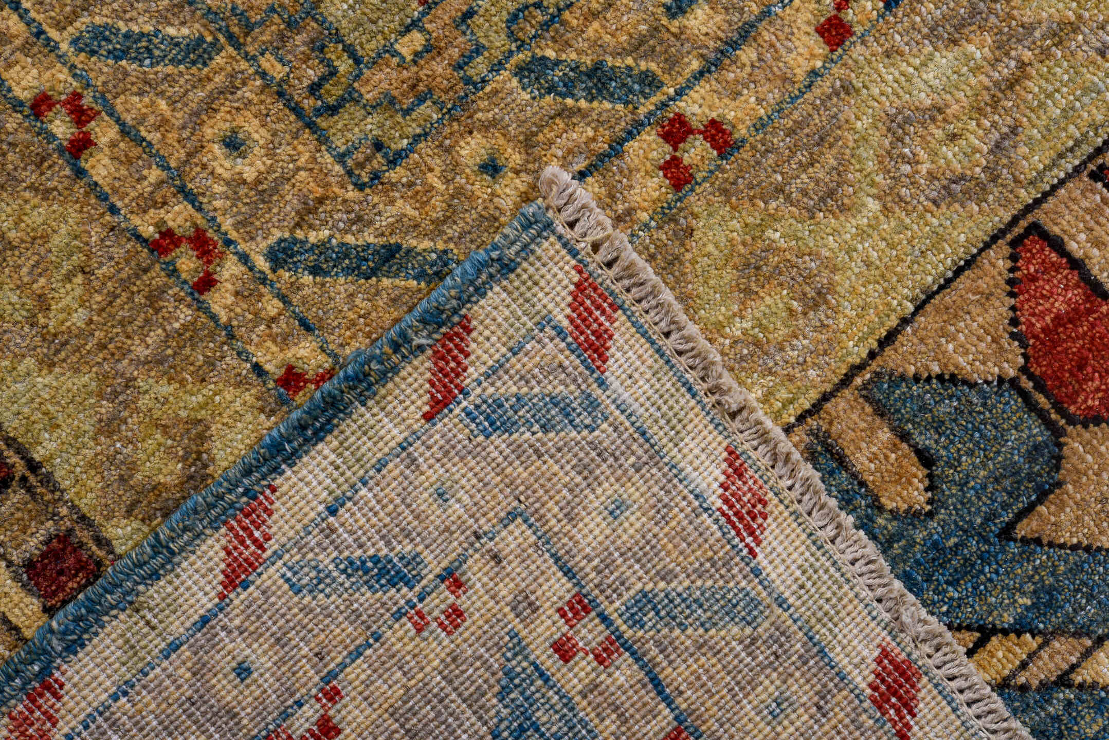 13' x 16' one-of-a-kind handmade vintage Afghan oversize rug. Color palette: ivory, taupe, camel, slate, rust, blue, sand