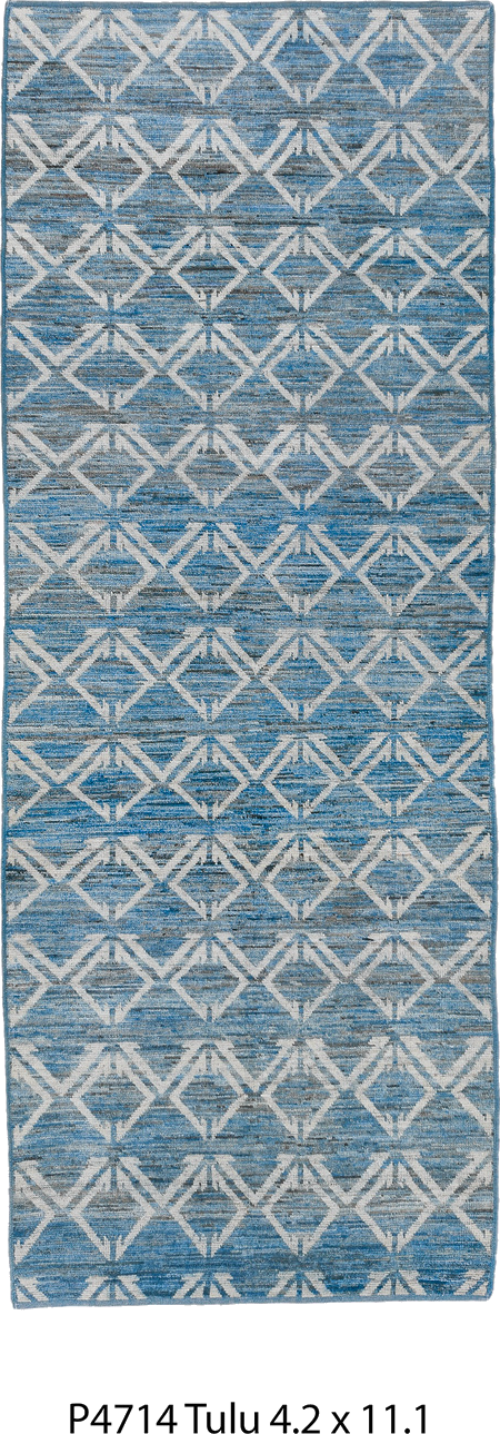4' x 11' one-of-a-kind handmade vintage Tulu runner rug. Color palette: arapawa, blue, gainsboro, gray, light blue