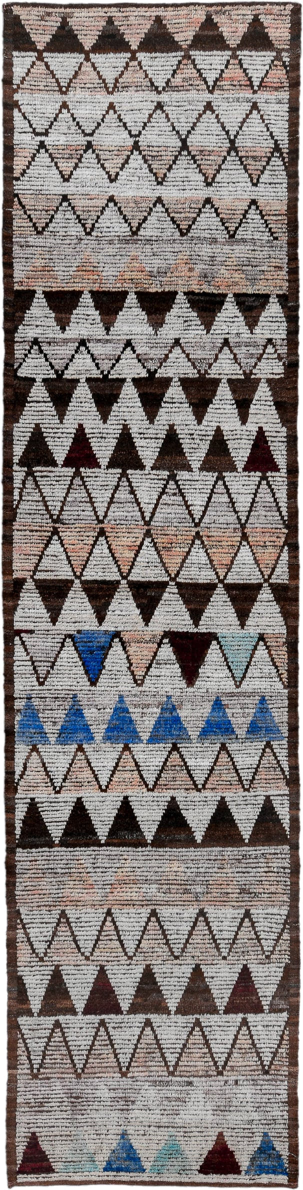 3' x 13' one-of-a-kind handmade vintage Tulu runner rug. Color palette: ivory, brown, blue, blush, burgundy, taupe, pink