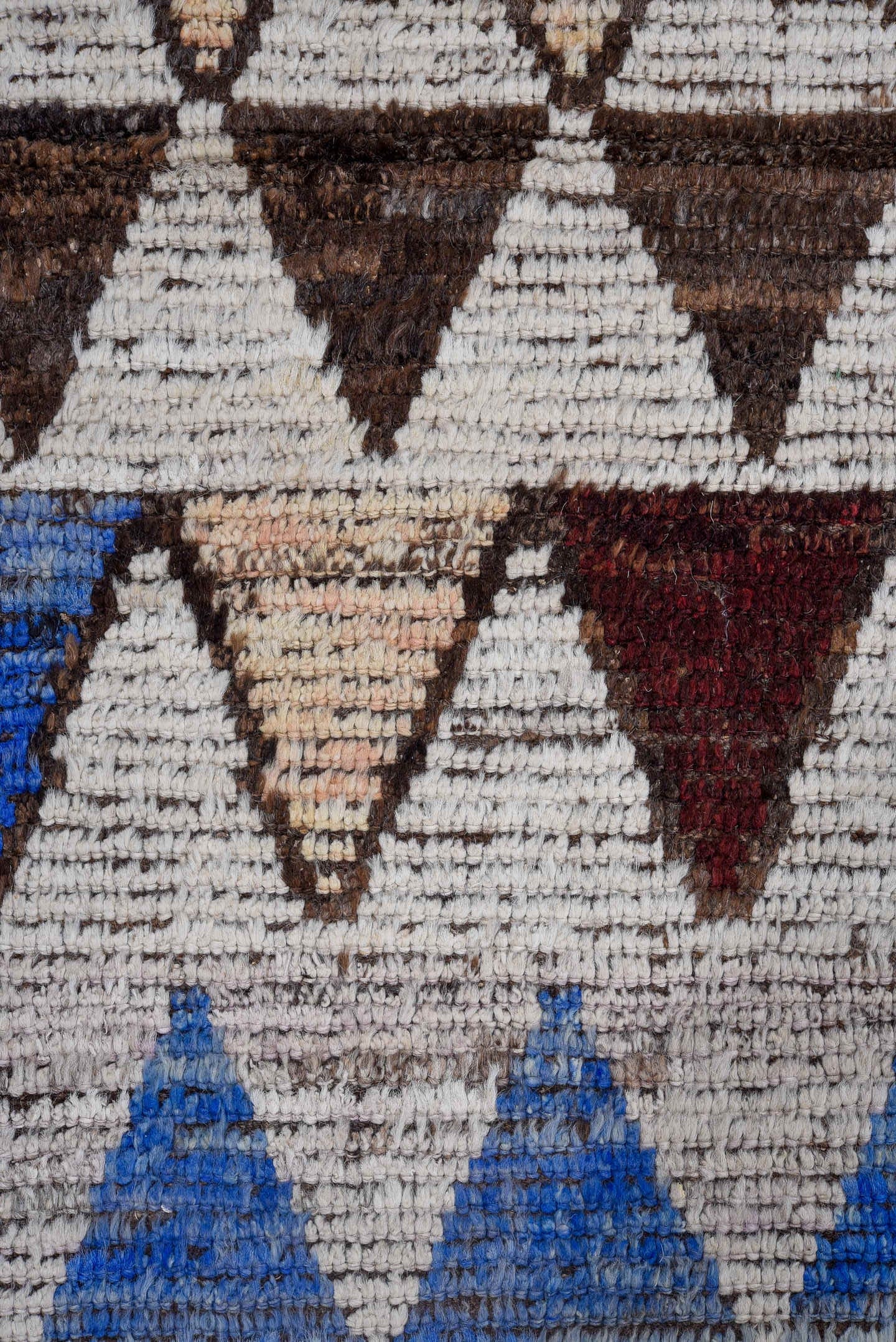 3' x 13' one-of-a-kind handmade vintage Tulu runner rug. Color palette: ivory, brown, blue, blush, burgundy, taupe, pink