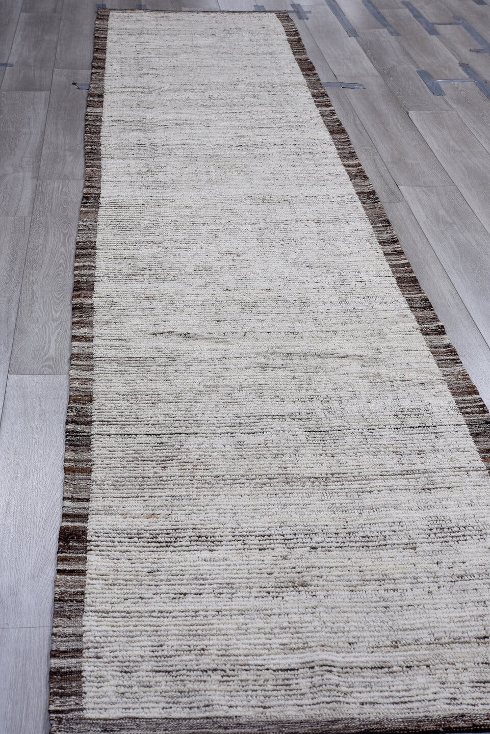 2' x 14' one-of-a-kind handmade vintage Tulu runner rug. Color palette: ivory, brown, taupe, charcoal, beige, gray, black