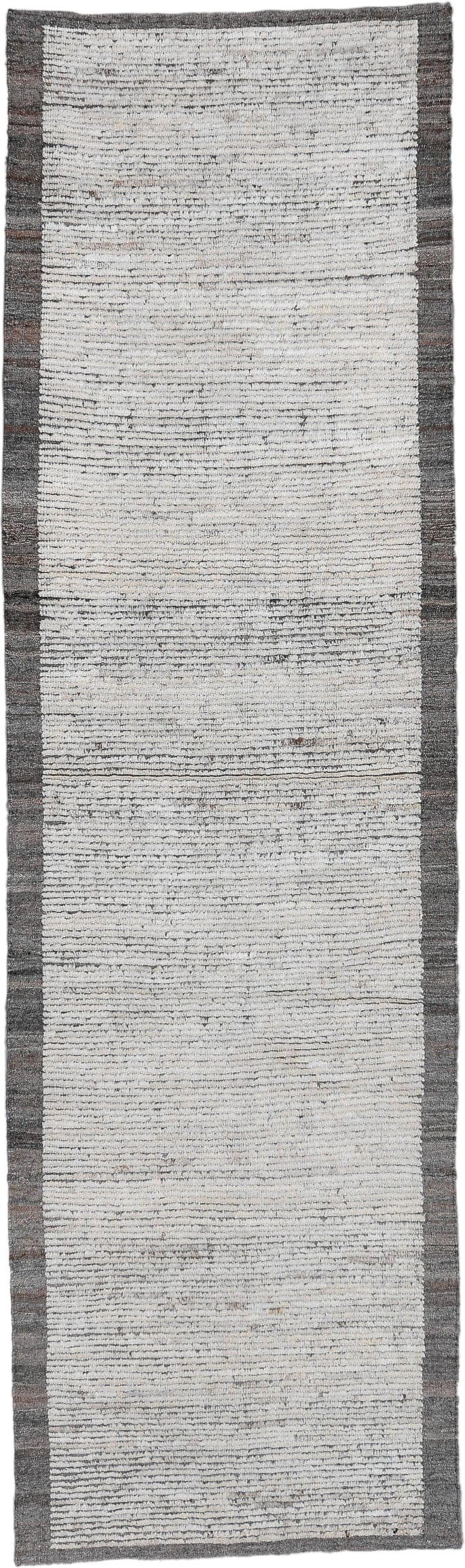 3' x 10' one-of-a-kind handmade vintage Tulu runner rug. Color palette: ivory, charcoal, taupe, gray, black, beige