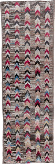 4' x 15' one-of-a-kind handmade vintage Tulu runner rug. Color palette: taupe, brown, ivory, charcoal, rose, sky_blue, black