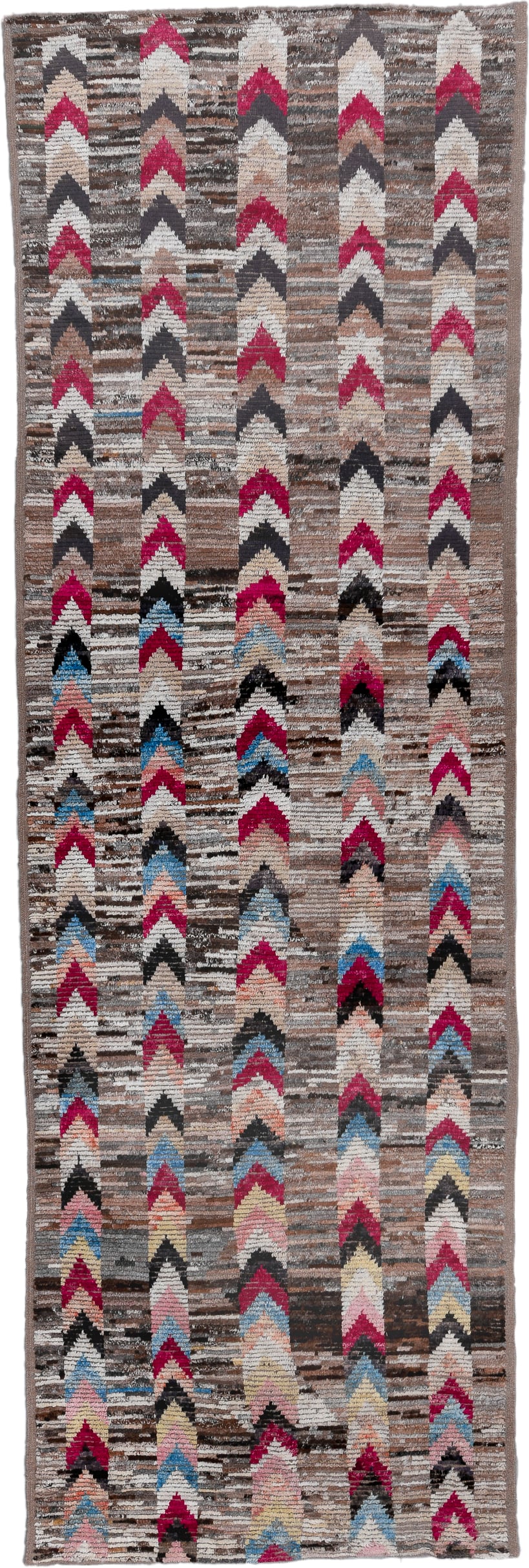 4' x 15' one-of-a-kind handmade vintage Tulu runner rug. Color palette: taupe, brown, ivory, charcoal, rose, sky_blue, black