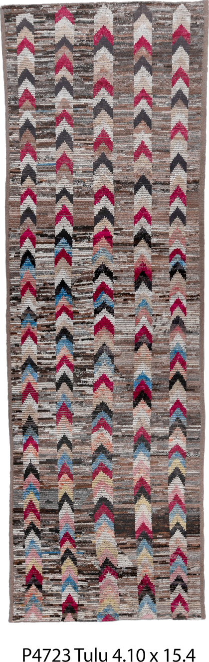 4' x 15' one-of-a-kind handmade vintage Tulu runner rug. Color palette: black, blue, brown, charcoal, dark gray, gainsboro