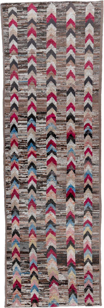 4' x 15' one-of-a-kind handmade vintage Tulu runner rug. Color palette: taupe, brown, ivory, charcoal, rose, sky_blue, black