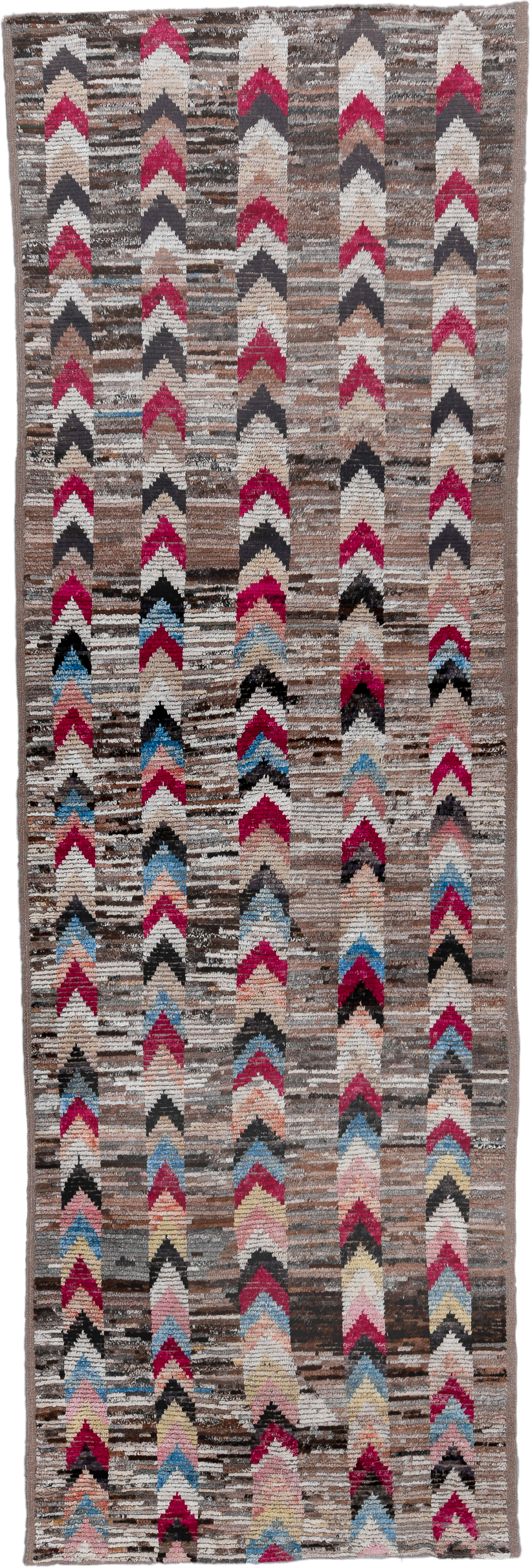 4' x 15' one-of-a-kind handmade vintage Tulu runner rug. Color palette: taupe, brown, ivory, charcoal, rose, sky_blue, black