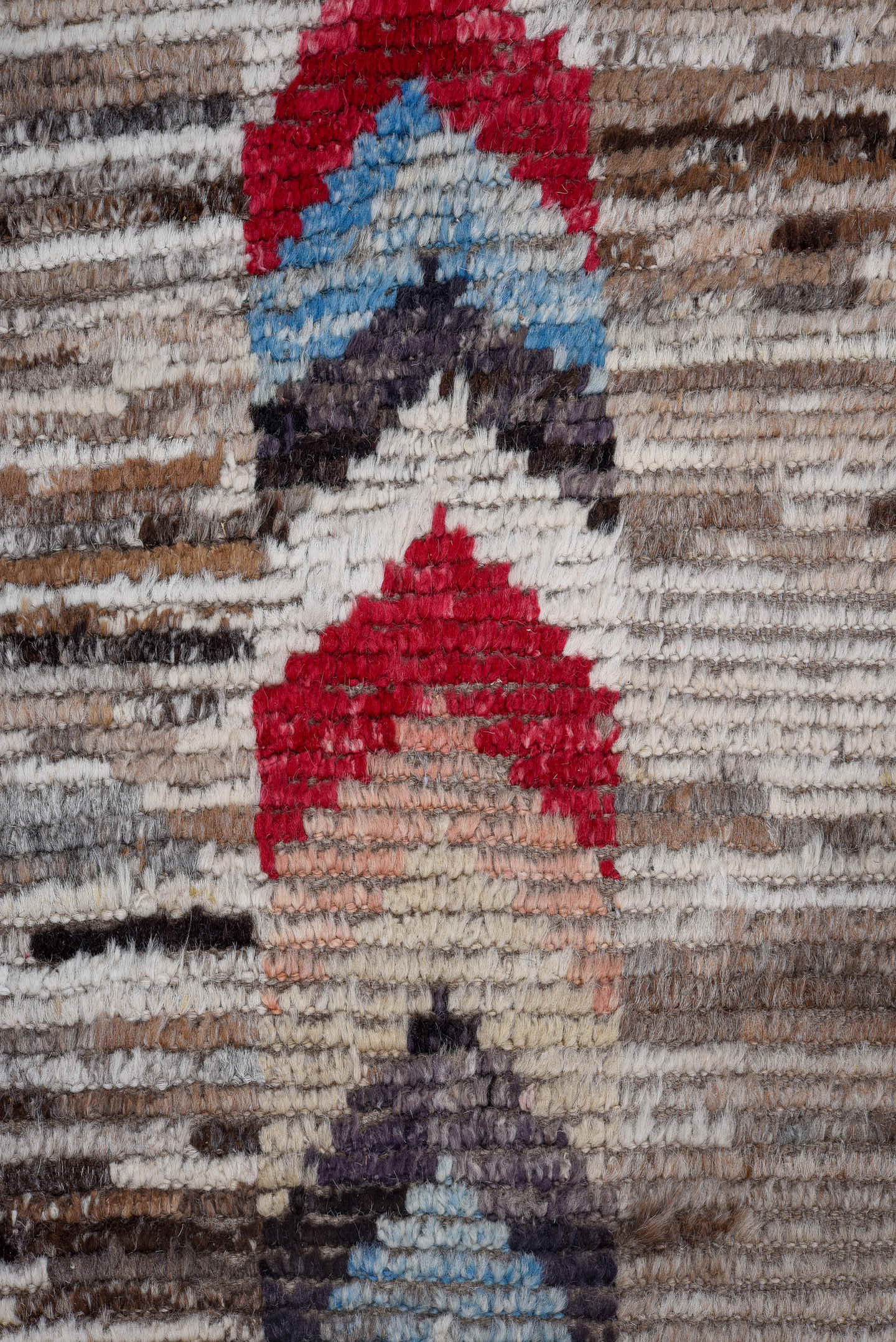 4' x 15' one-of-a-kind handmade vintage Tulu runner rug. Color palette: taupe, brown, ivory, charcoal, rose, sky_blue, black