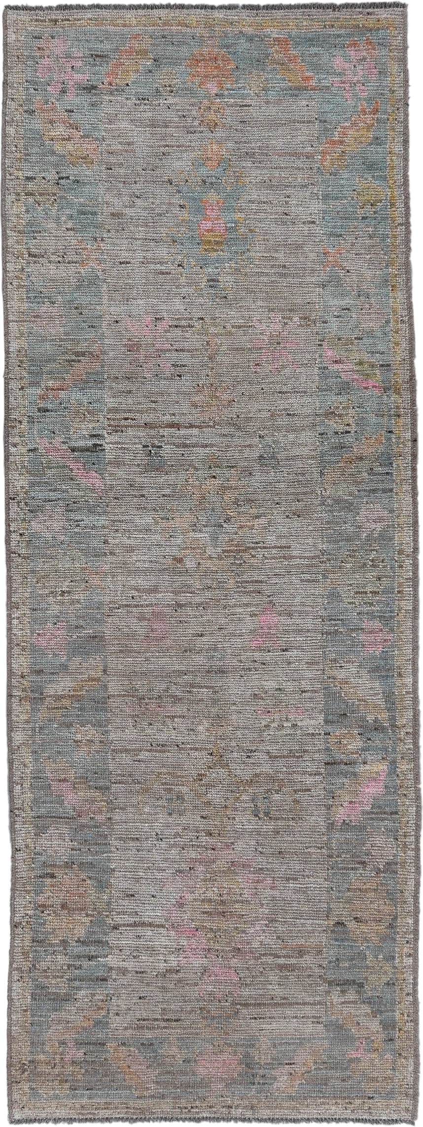 3' x 9' one-of-a-kind handmade vintage Oushak runner rug. Color palette: taupe, slate, ivory, rose, gold, sage, beige, gray