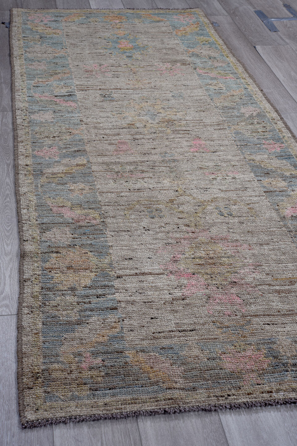 3' x 9' one-of-a-kind handmade vintage Oushak runner rug. Color palette: taupe, slate, ivory, rose, gold, sage, beige, gray