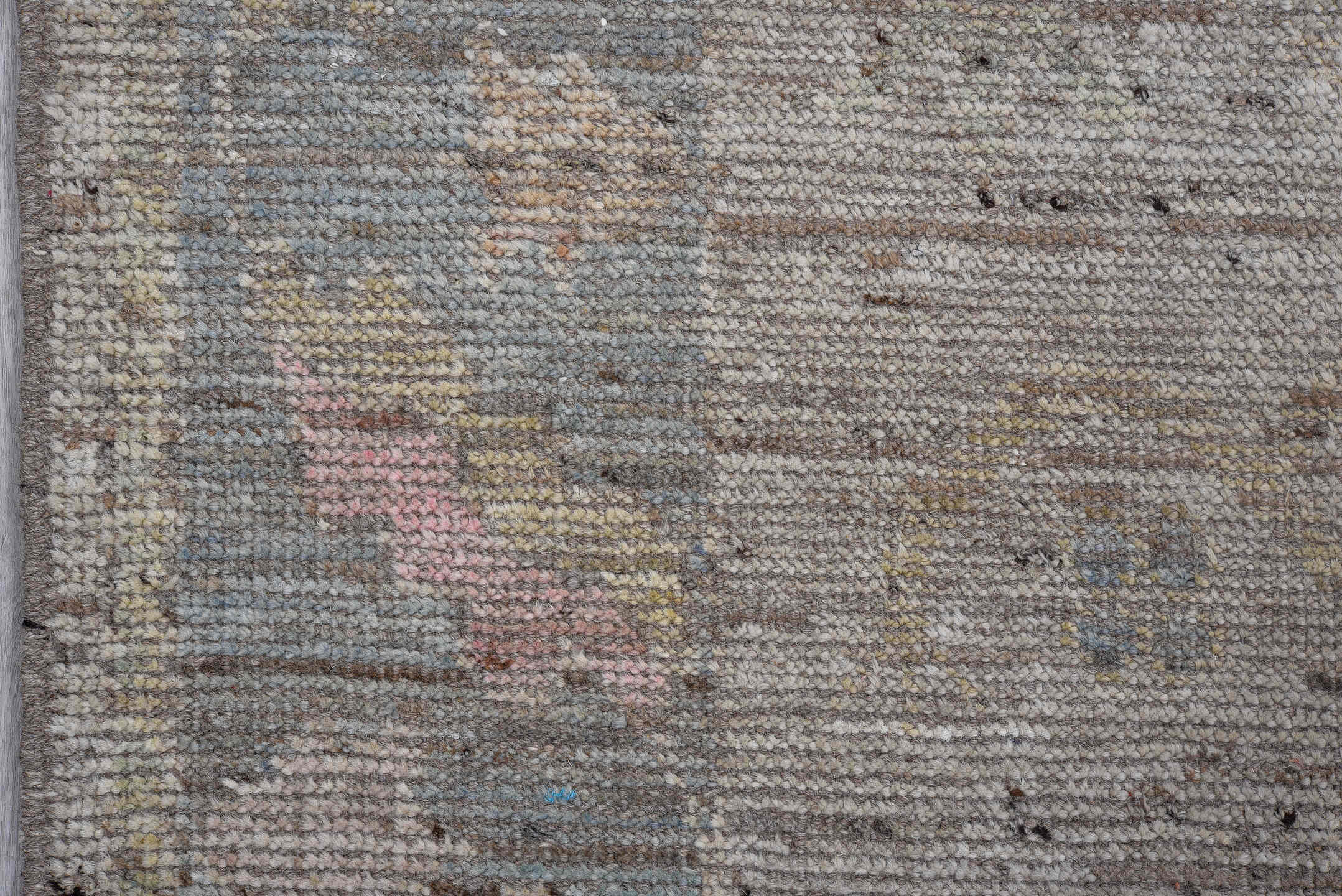 3' x 9' one-of-a-kind handmade vintage Oushak runner rug. Color palette: taupe, slate, ivory, rose, gold, sage, beige, gray