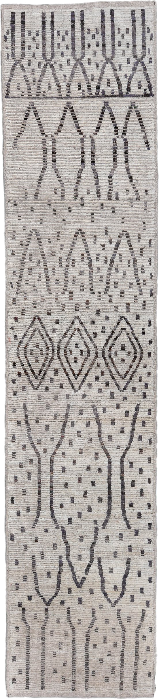 2' x 12' one-of-a-kind handmade vintage Tulu runner rug. Color palette: ivory, charcoal, taupe, gray, black, beige