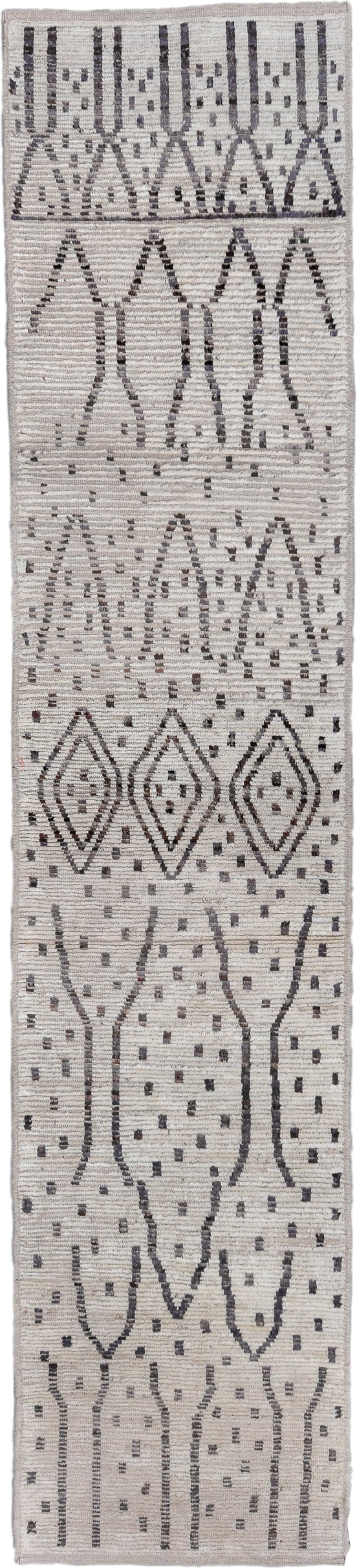 2' x 12' one-of-a-kind handmade vintage Tulu runner rug. Color palette: ivory, charcoal, taupe, gray, black, beige