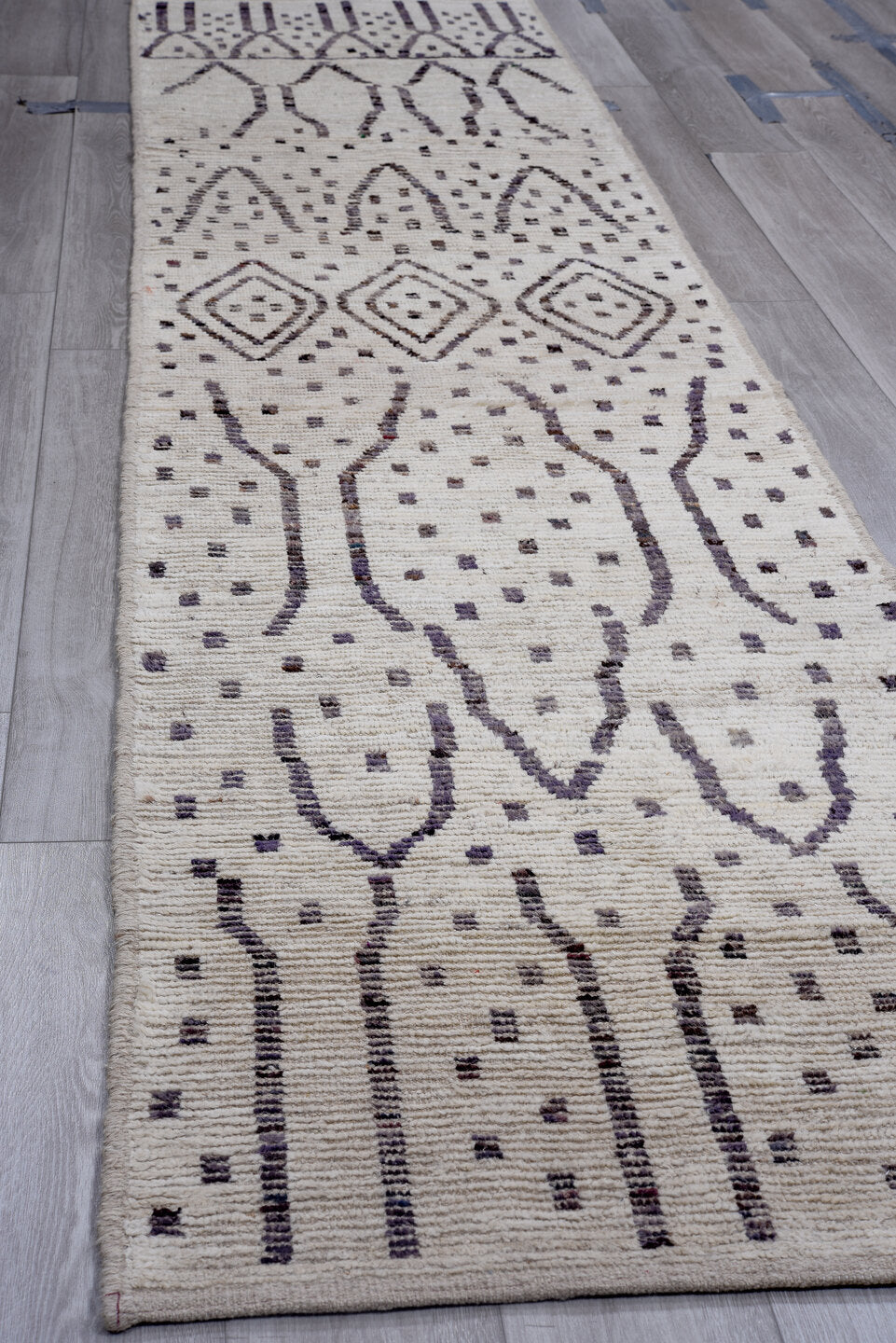 2' x 12' one-of-a-kind handmade vintage Tulu runner rug. Color palette: ivory, charcoal, taupe, gray, black, beige