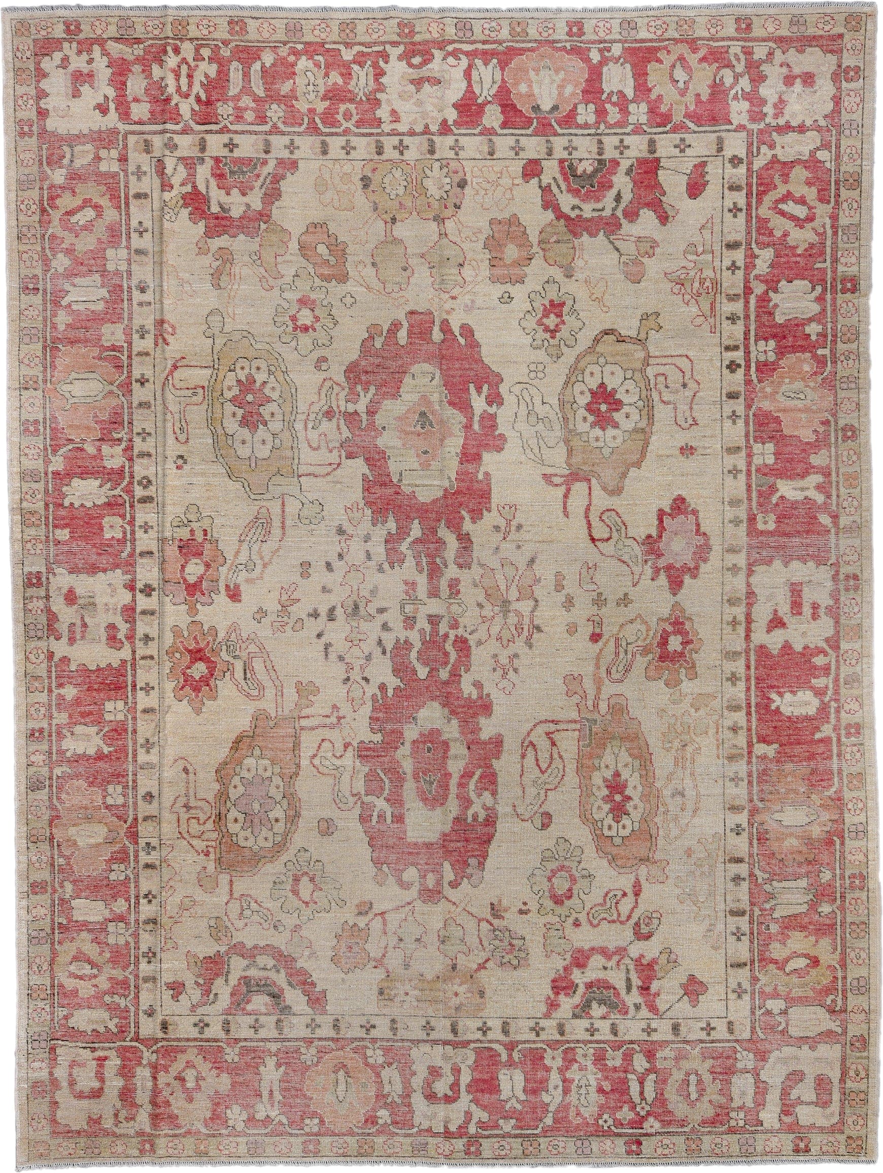 9' x 12' one-of-a-kind handmade vintage Oushak large size rug. Color palette: ivory, coral, rose, beige, taupe, soft pink