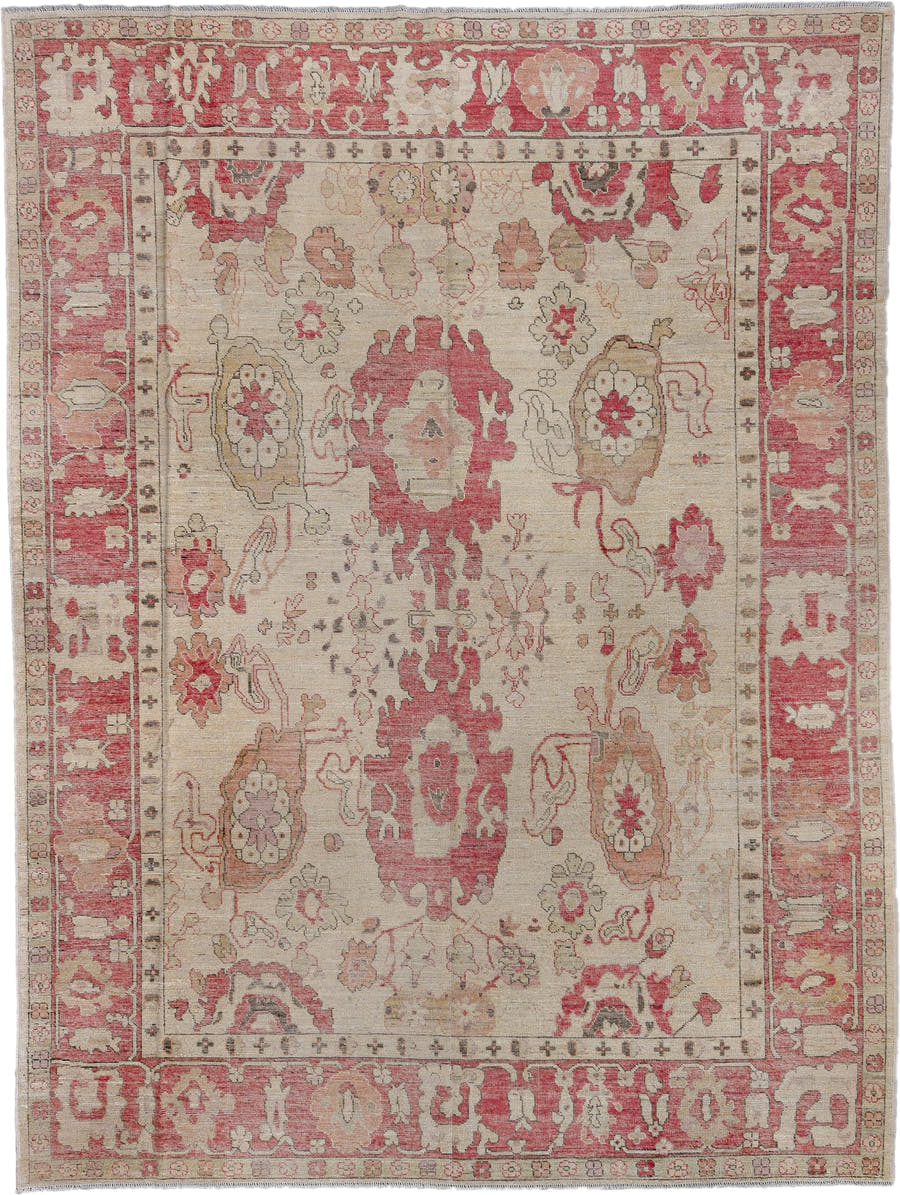 9' x 12' one-of-a-kind handmade vintage Oushak large size rug. Color palette: ivory, coral, rose, beige, taupe, soft pink