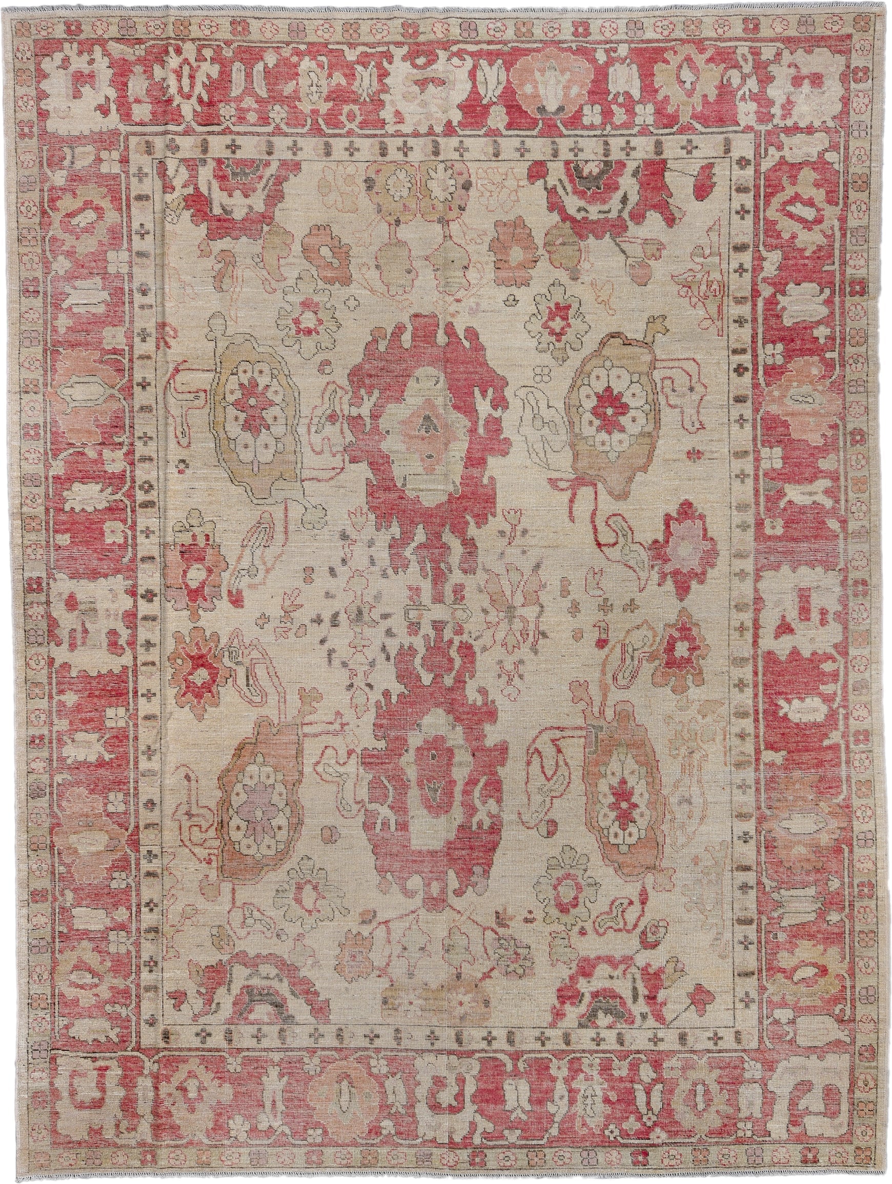 9' x 12' one-of-a-kind handmade vintage Oushak large size rug. Color palette: ivory, coral, rose, beige, taupe, soft pink