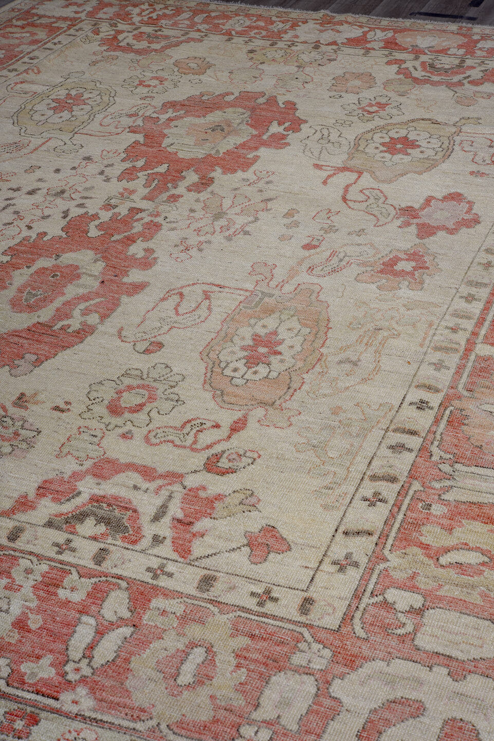 9' x 12' one-of-a-kind handmade vintage Oushak large size rug. Color palette: ivory, coral, rose, beige, taupe, soft pink
