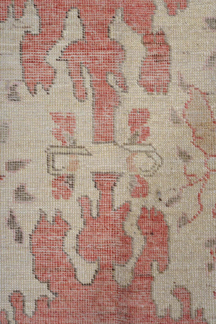 9' x 12' one-of-a-kind handmade vintage Oushak large size rug. Color palette: ivory, coral, rose, beige, taupe, soft pink