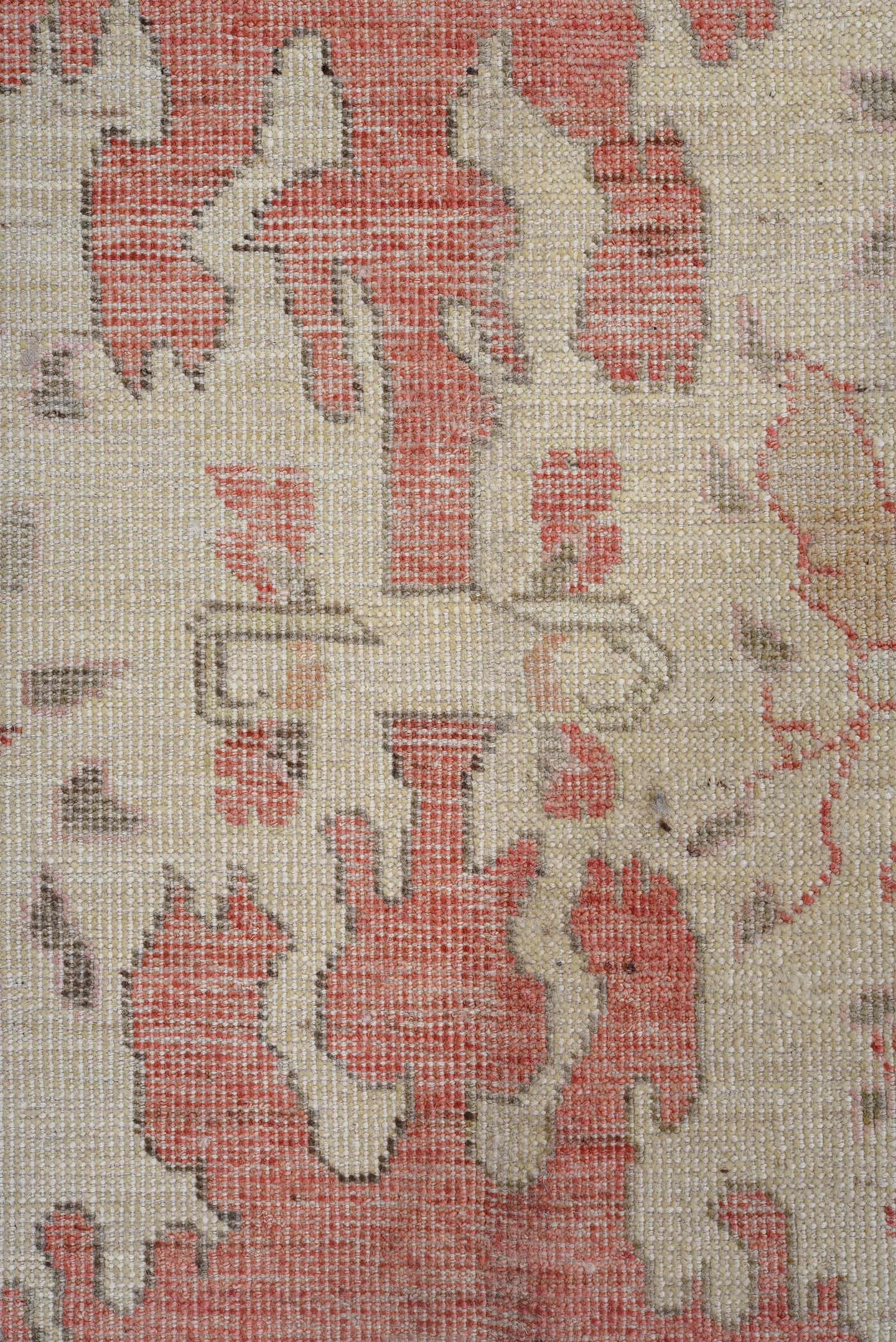 9' x 12' one-of-a-kind handmade vintage Oushak large size rug. Color palette: ivory, coral, rose, beige, taupe, soft pink