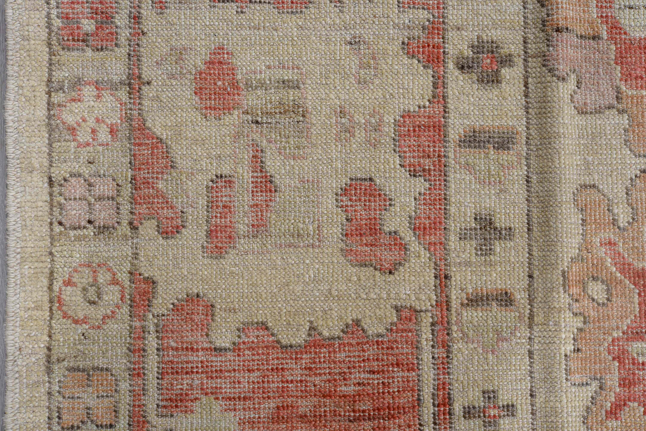 9' x 12' one-of-a-kind handmade vintage Oushak large size rug. Color palette: ivory, coral, rose, beige, taupe, soft pink