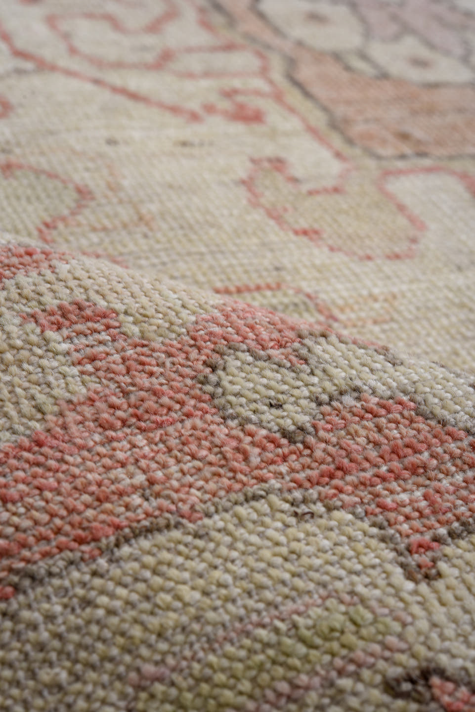 9' x 12' one-of-a-kind handmade vintage Oushak large size rug. Color palette: ivory, coral, rose, beige, taupe, soft pink