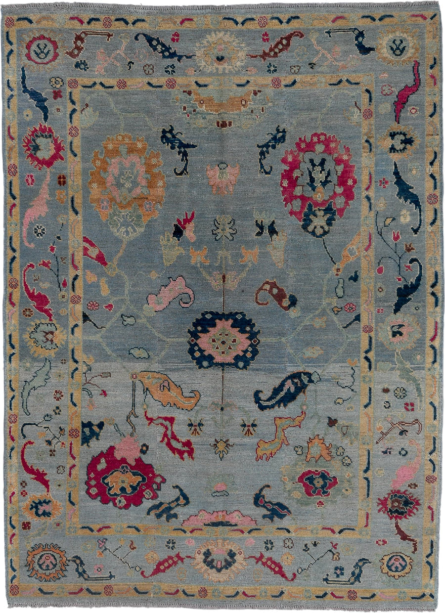 5' x 7' one-of-a-kind handmade vintage Oushak medium size rug. Color palette: light blue, ivory, navy, rose, gold, pink