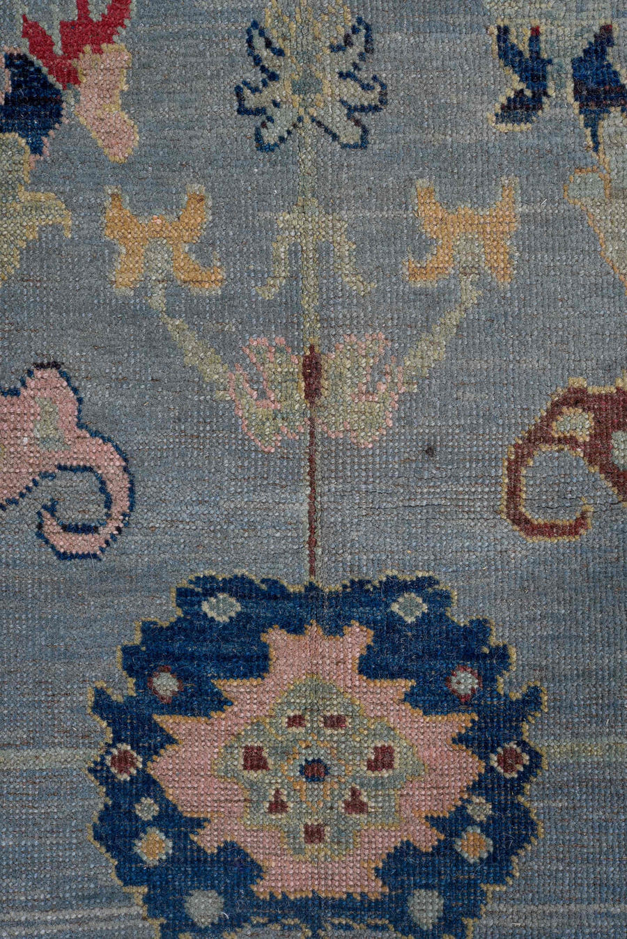 5' x 7' one-of-a-kind handmade vintage Oushak medium size rug. Color palette: light blue, ivory, navy, rose, gold, pink