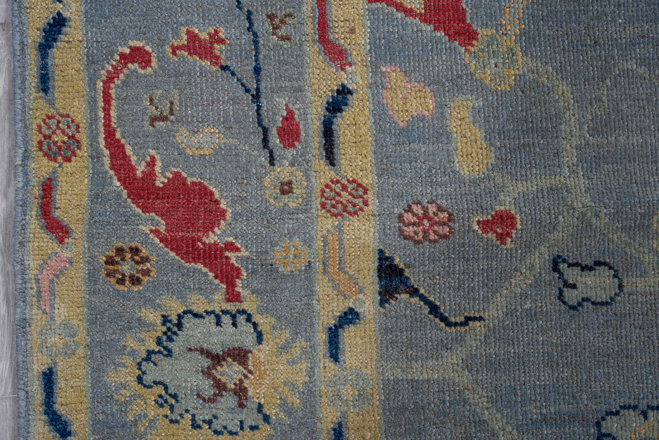 5' x 7' one-of-a-kind handmade vintage Oushak medium size rug. Color palette: light blue, ivory, navy, rose, gold, pink