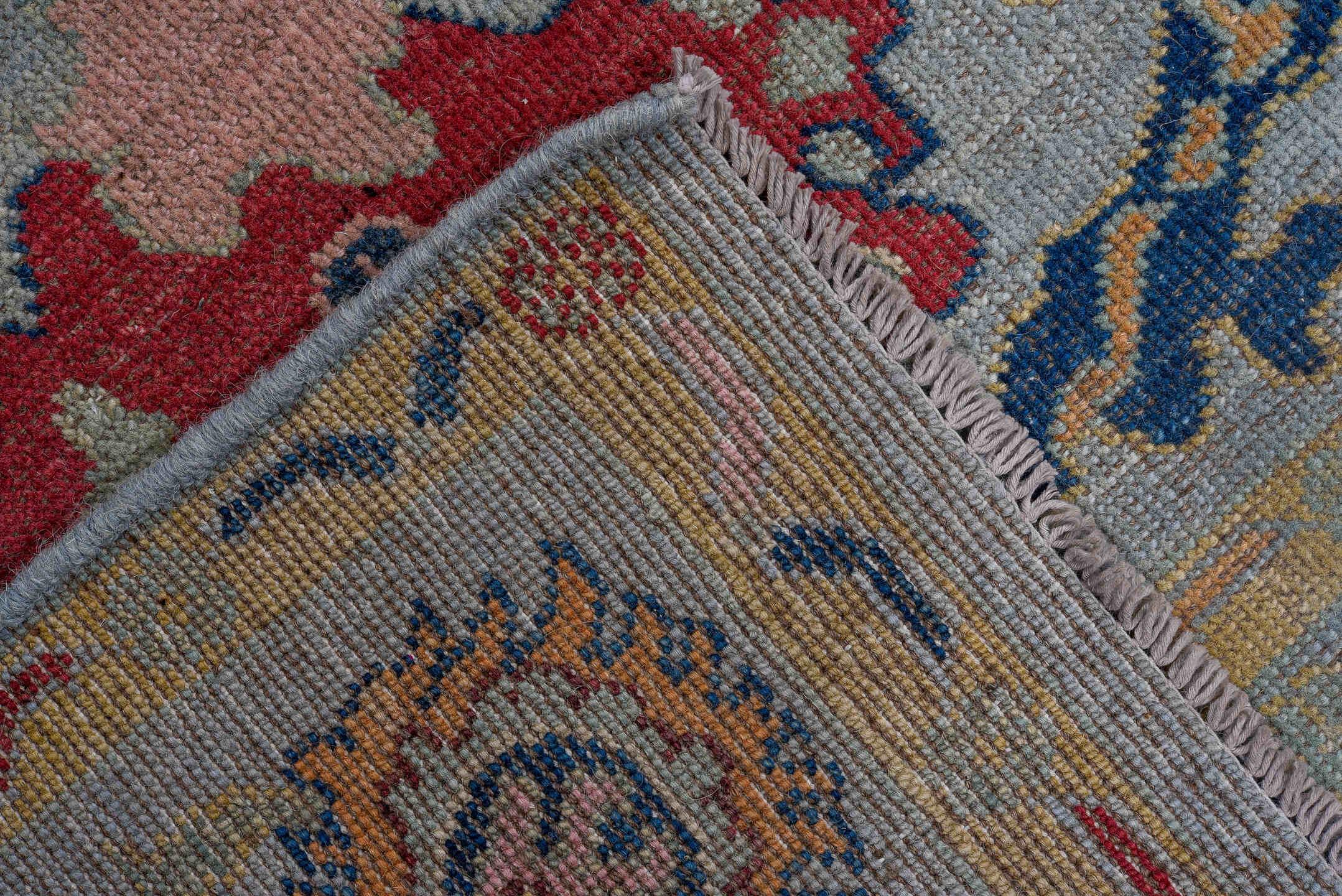 5' x 7' one-of-a-kind handmade vintage Oushak medium size rug. Color palette: light blue, ivory, navy, rose, gold, pink