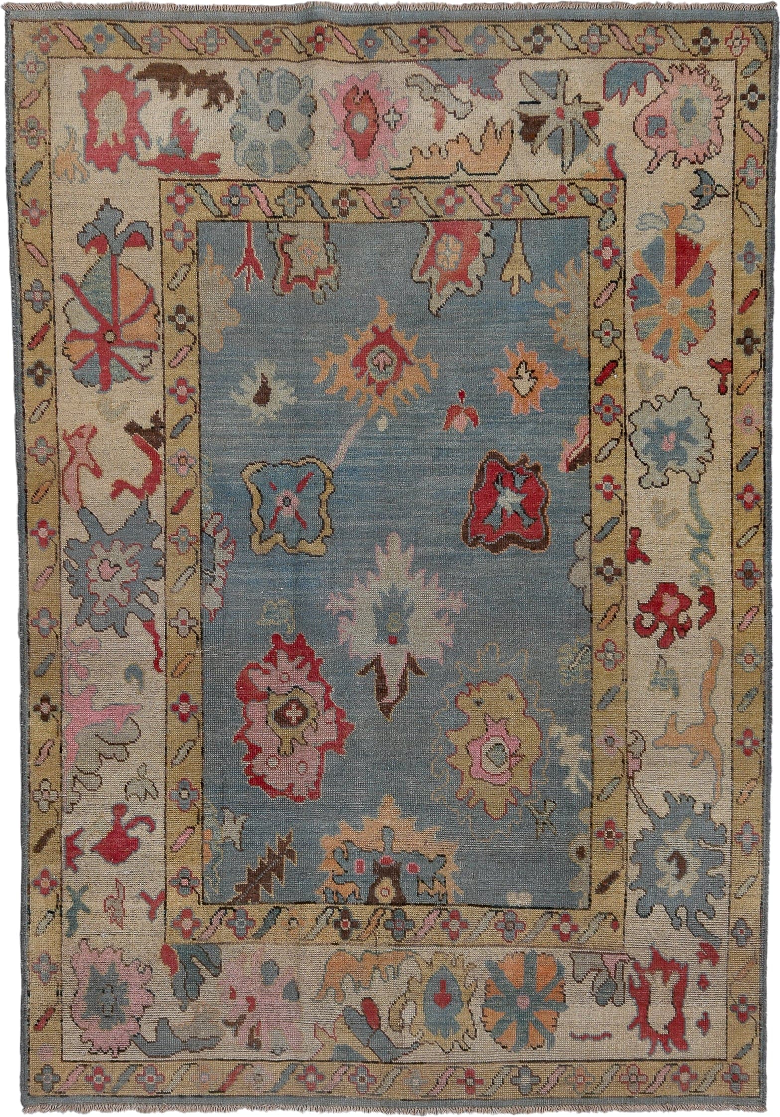 5' x 7' one-of-a-kind handmade vintage Oushak medium size rug. Color palette: blue, ivory, beige, pink, rust, sage, gold