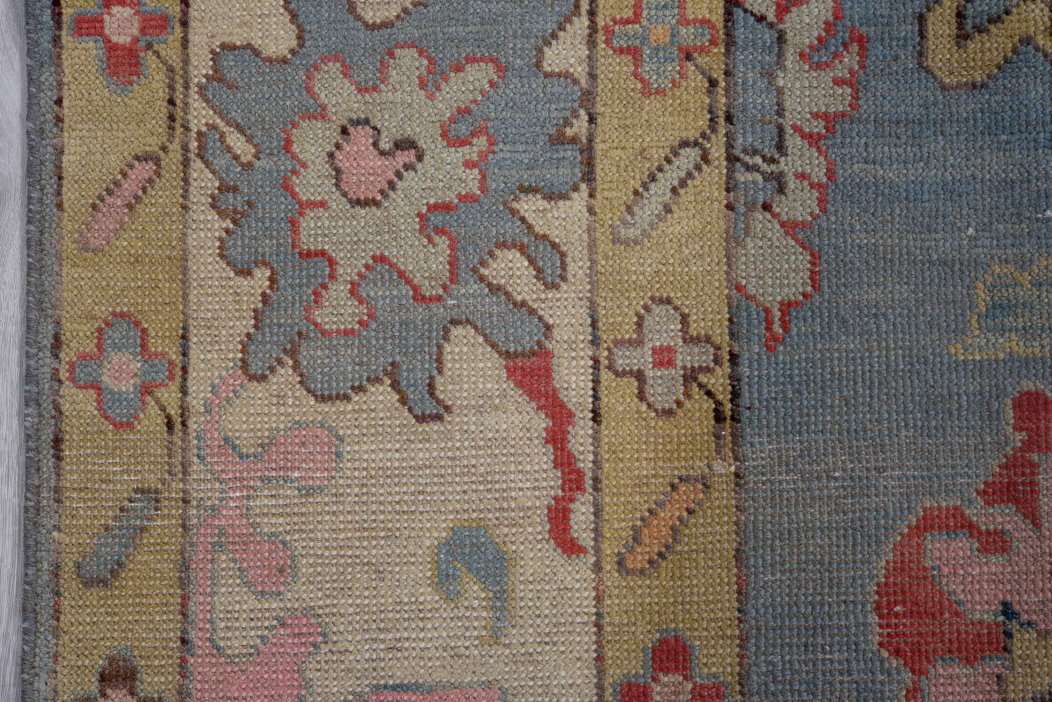5' x 7' one-of-a-kind handmade vintage Oushak medium size rug. Color palette: blue, ivory, beige, pink, rust, sage, gold