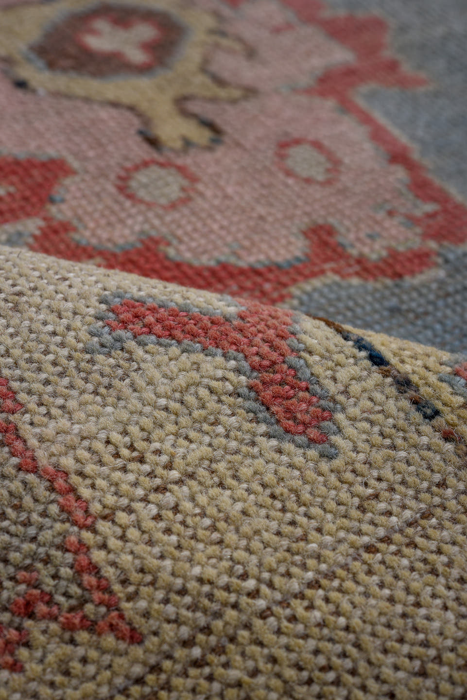 5' x 7' one-of-a-kind handmade vintage Oushak medium size rug. Color palette: blue, ivory, beige, pink, rust, sage, gold